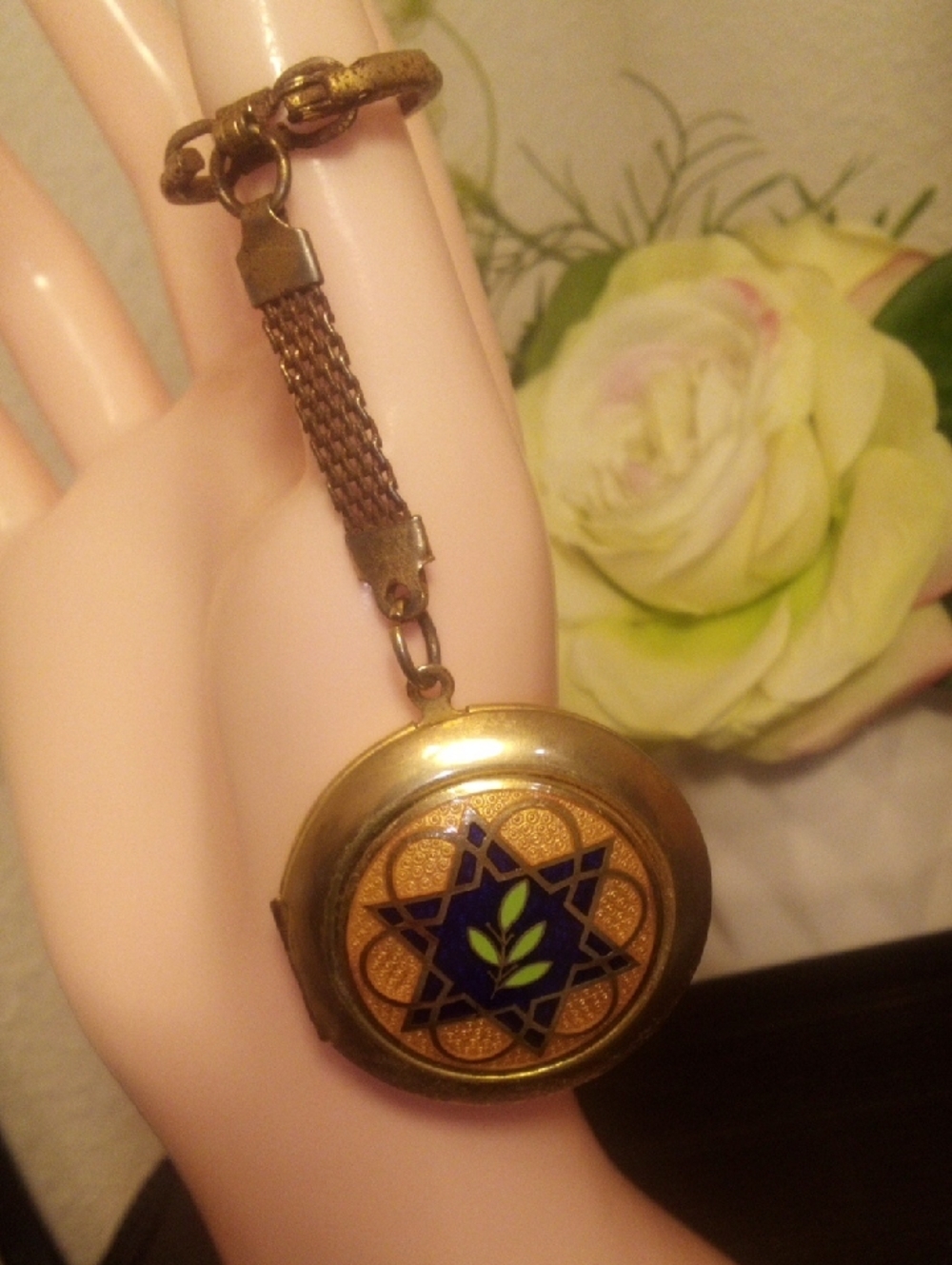 Gold-Tone Round Locket with Blue Enamel Star and Green Leaf